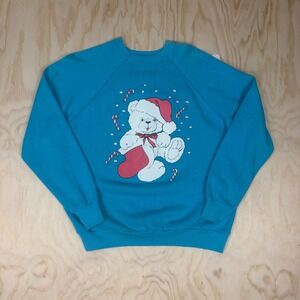Vintage Tultex Christmas Teddy Bear Sweatshirt XL Teal Blue Made in USA Raglan